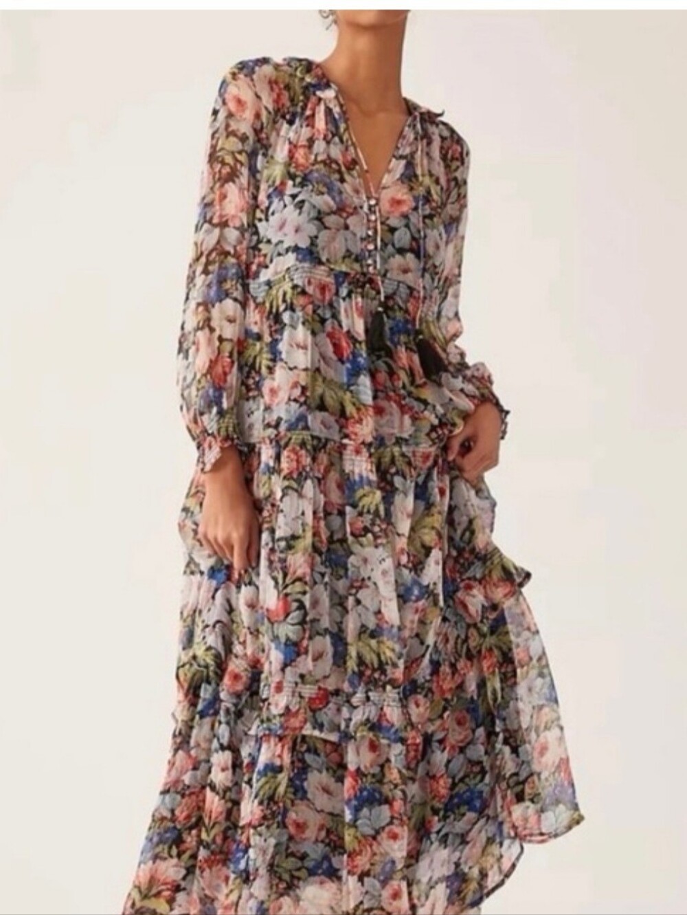 Anthropologie Floral Sheer Tiered Maxi Dress in Blue, Pink and Green